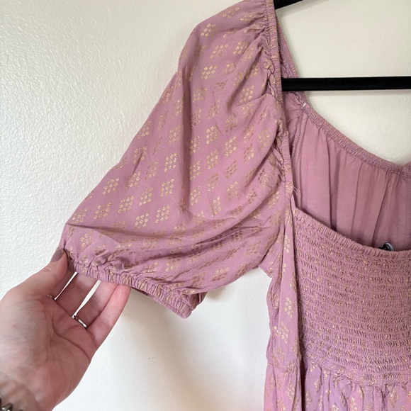 Zudio | Mauve/Gold Smocked Puff Sleeve Dress | Size Medium - Picture 8 of 11